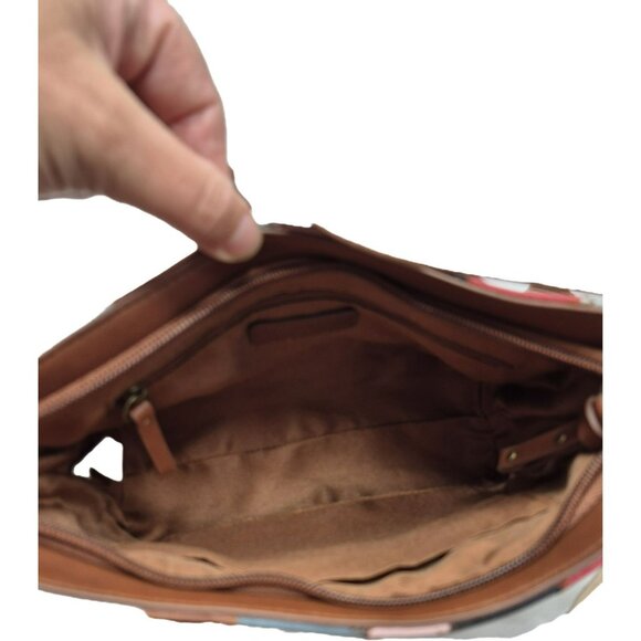 Frye & Co. Geometric Patchwork Leather Crossbody Shoulderbag Purse Brown Brass - Picture 12 of 14